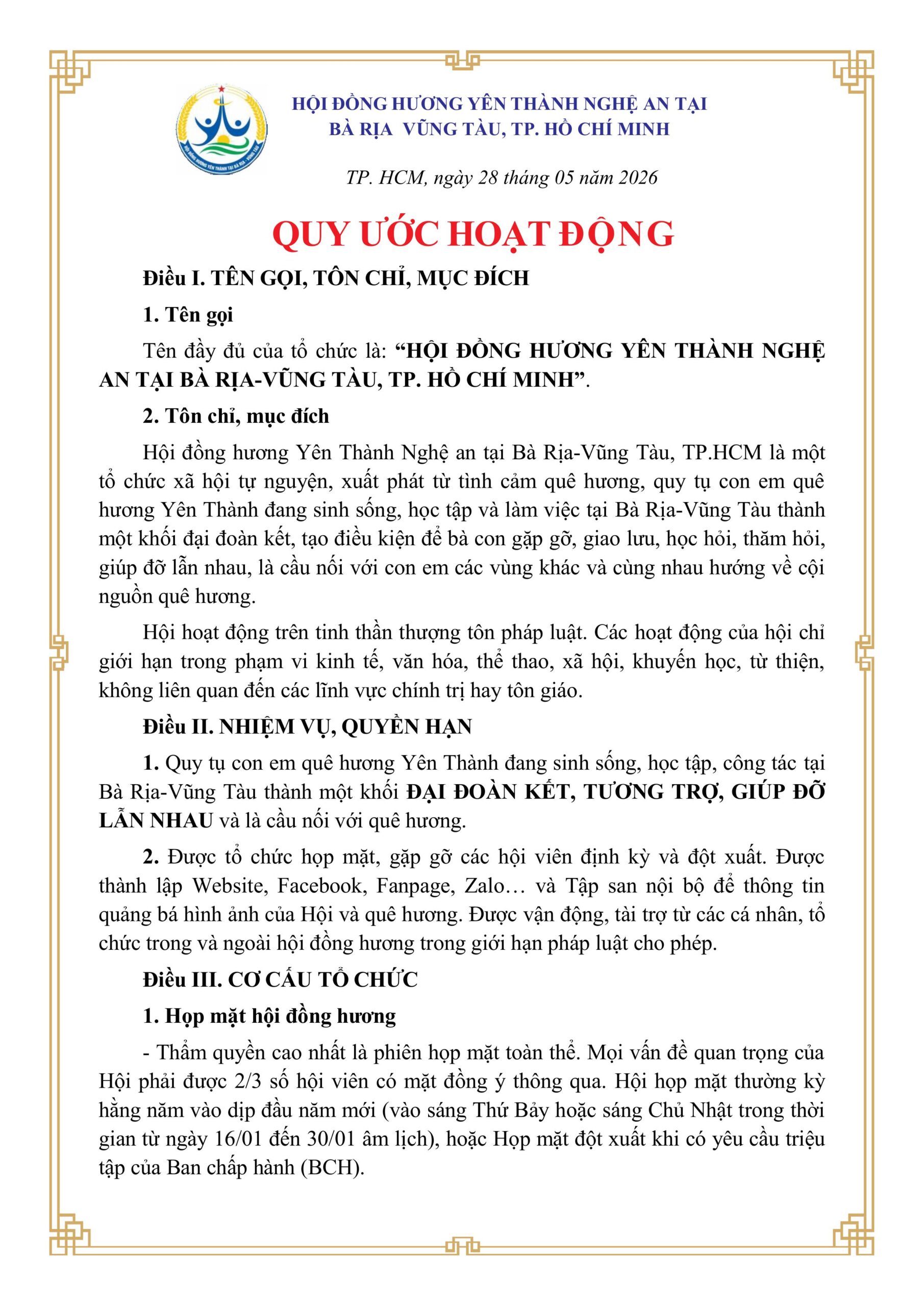 CÔNG BỐ QUY ƯỚC HOẠT ĐỘNG CHÍNH THỨC CỦA HỘI ĐỒNG HƯƠNG YÊN THÀNH TỪ 28 – 5 – 2026